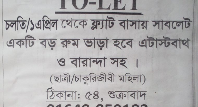একটি বড় রুম সাবলেট ভাড়া হবে